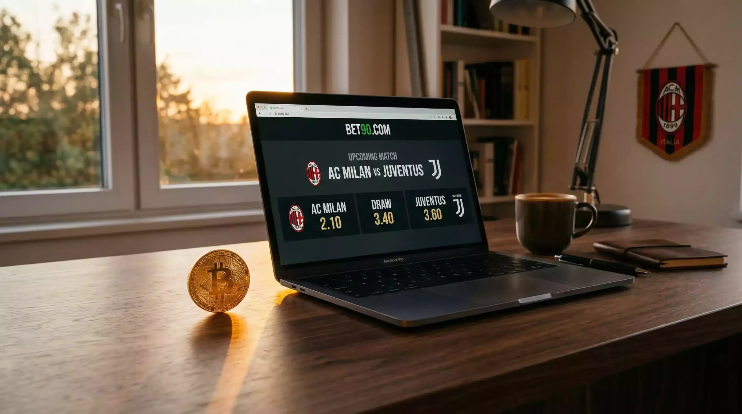 Scommesse Bitcoin Italia: laptop con schermata di scommesse sportive e simbolo Bitcoin dorato in primo piano