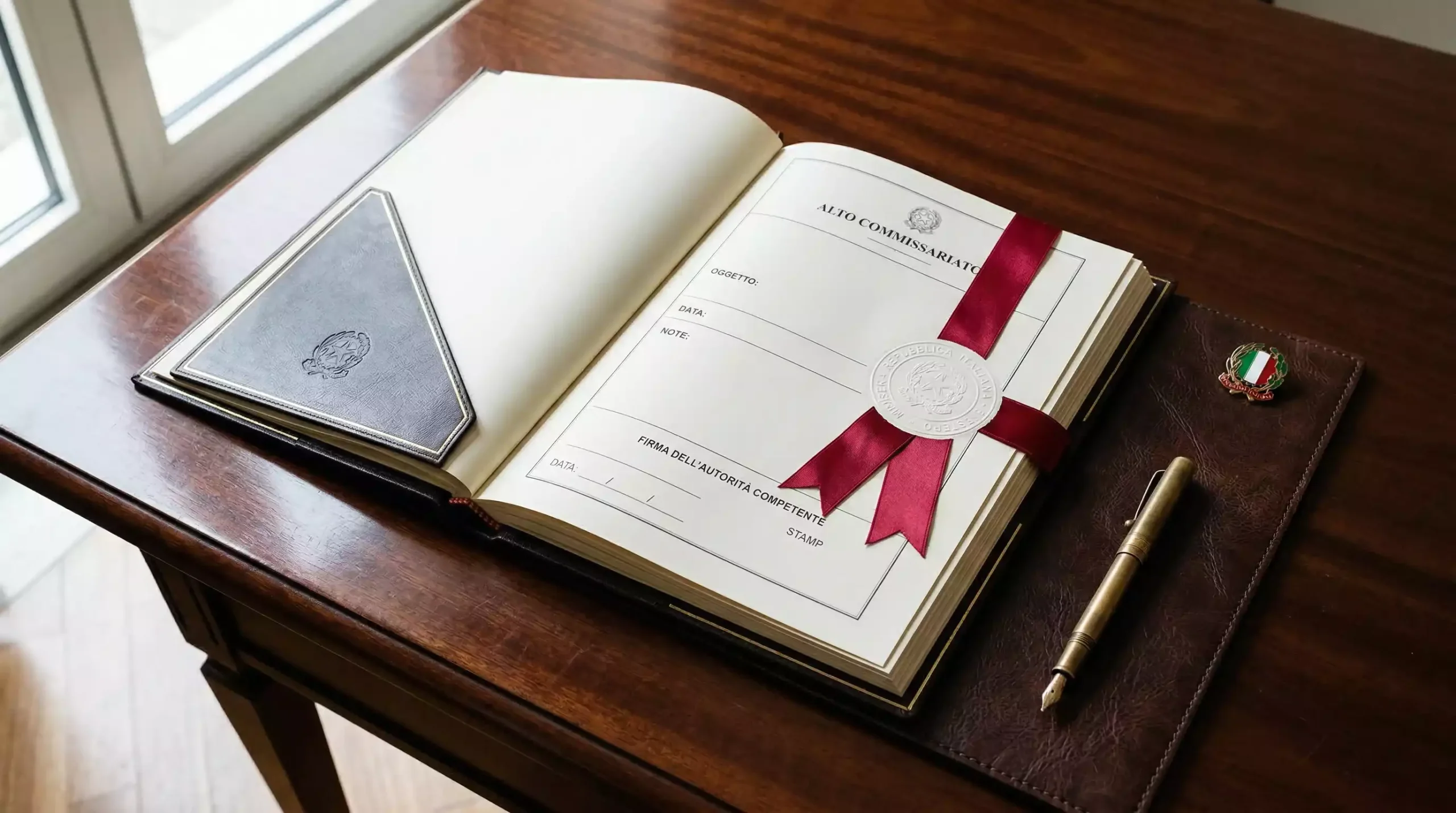 Documento ufficiale di licenza ADM con timbro e sigillo su una scrivania professionale