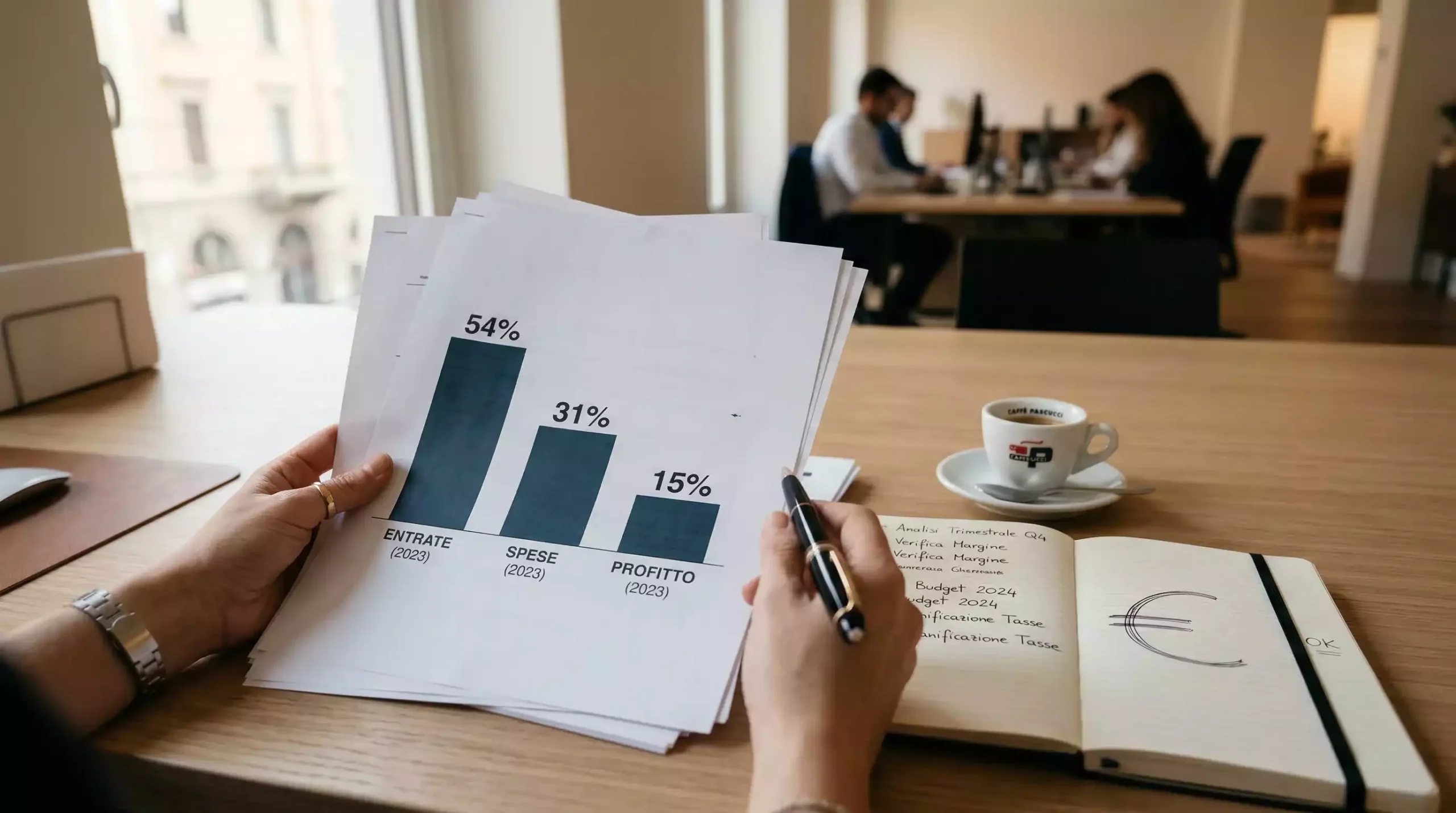 Professionista che analizza documenti fiscali con grafici delle aliquote crypto su una scrivania