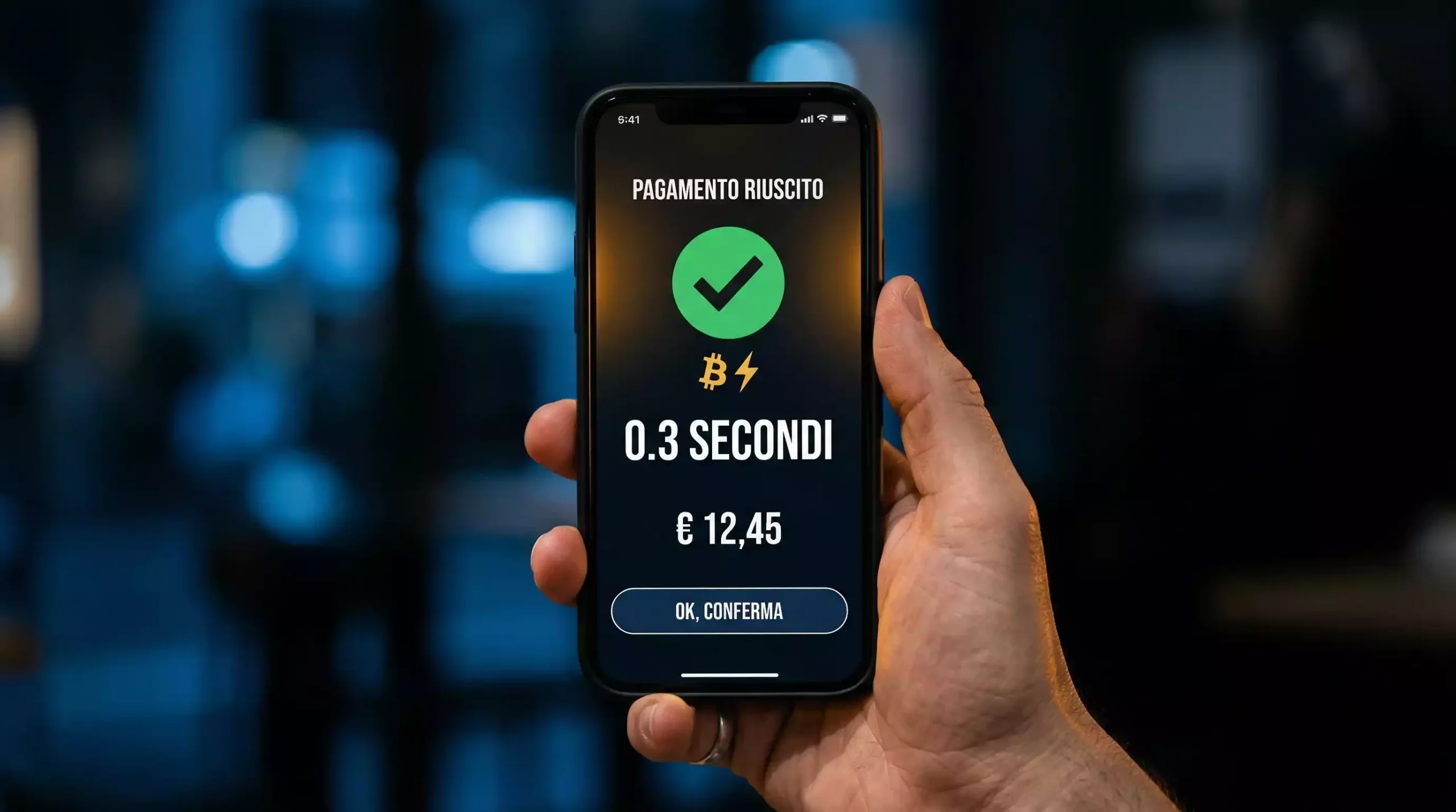 Schermata di un trasferimento Lightning Network completato in pochi secondi su uno smartphone