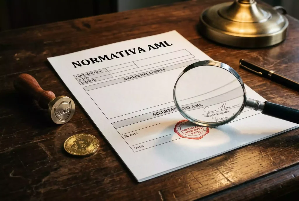 Lente di ingrandimento su documento legale italiano con simbolo AML e Bitcoin