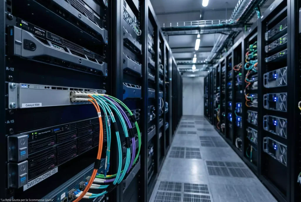 Confronto reti blockchain per scommesse: cavi di rete luminosi che convergono verso un nodo centrale