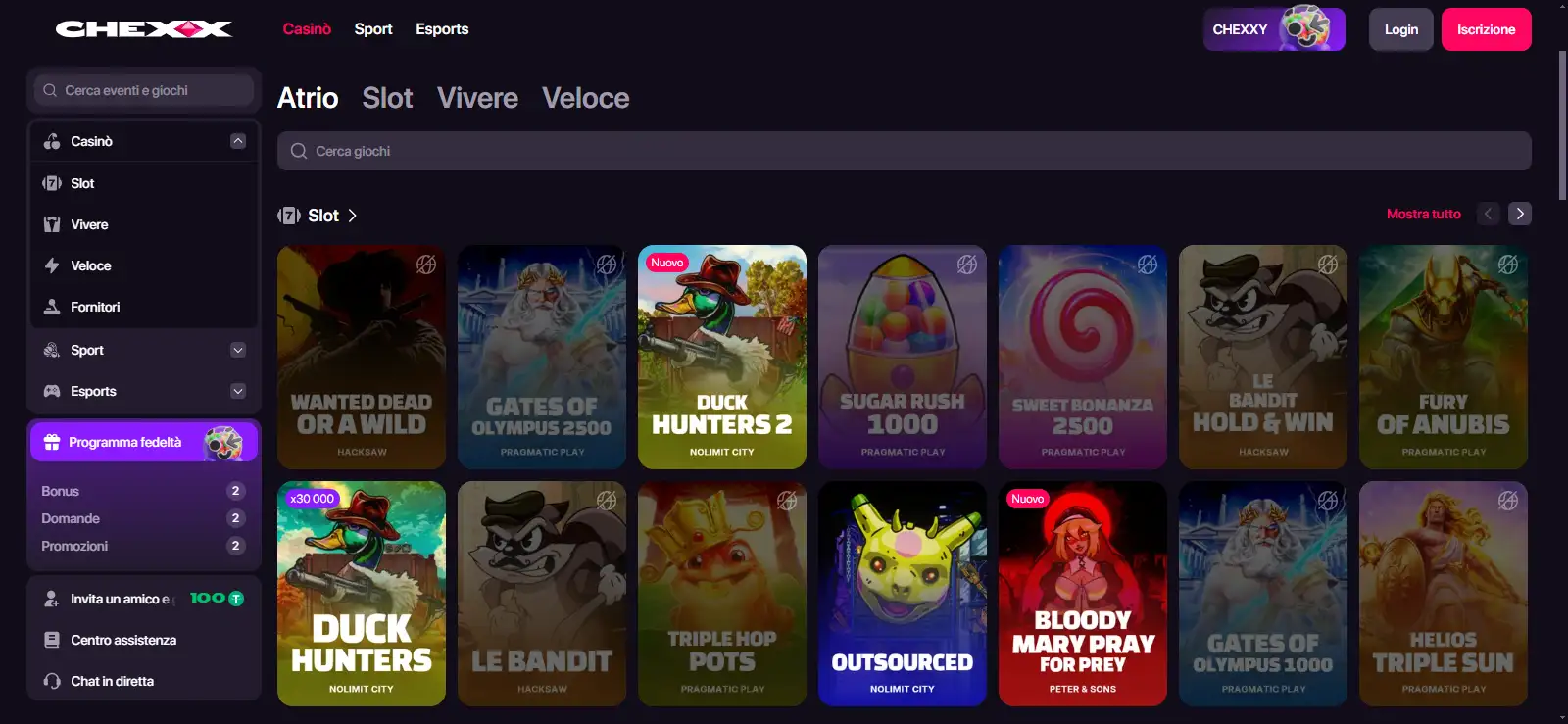 Lobby del casinò CHEXX con categorie filtri e griglia dei giochi