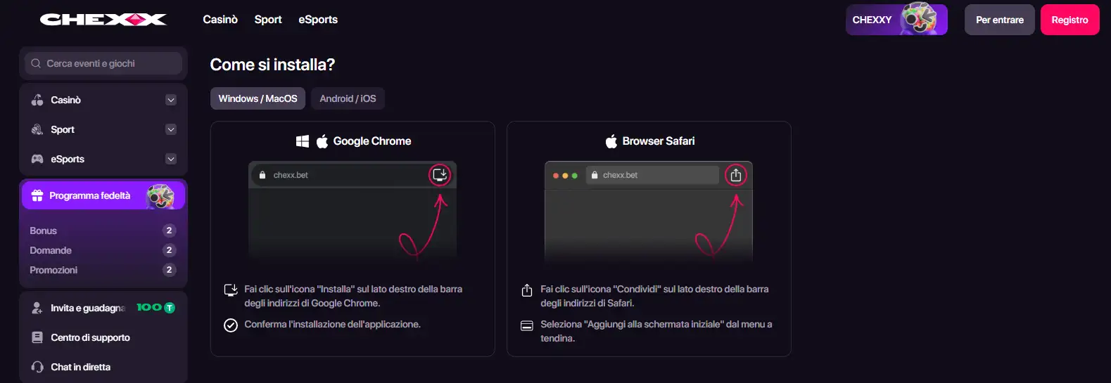 Pagina di installazione della PWA CHEXX con opzioni per Android iOS macOS e Windows