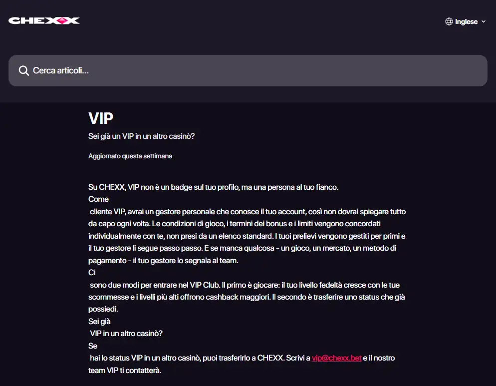 Club VIP CHEXX con livelli da Bronze a Obsidian