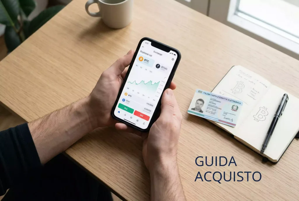 Persona che acquista Bitcoin su exchange tramite smartphone con carta di identità italiana