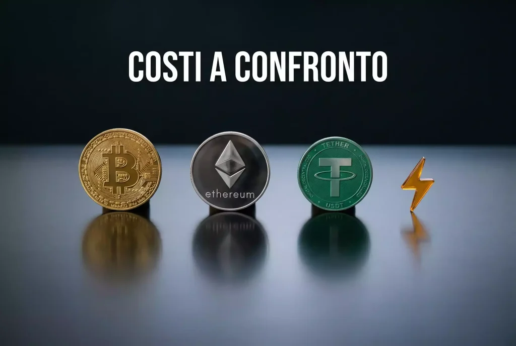Diverse monete crypto allineate con indicatori di costo ridotto