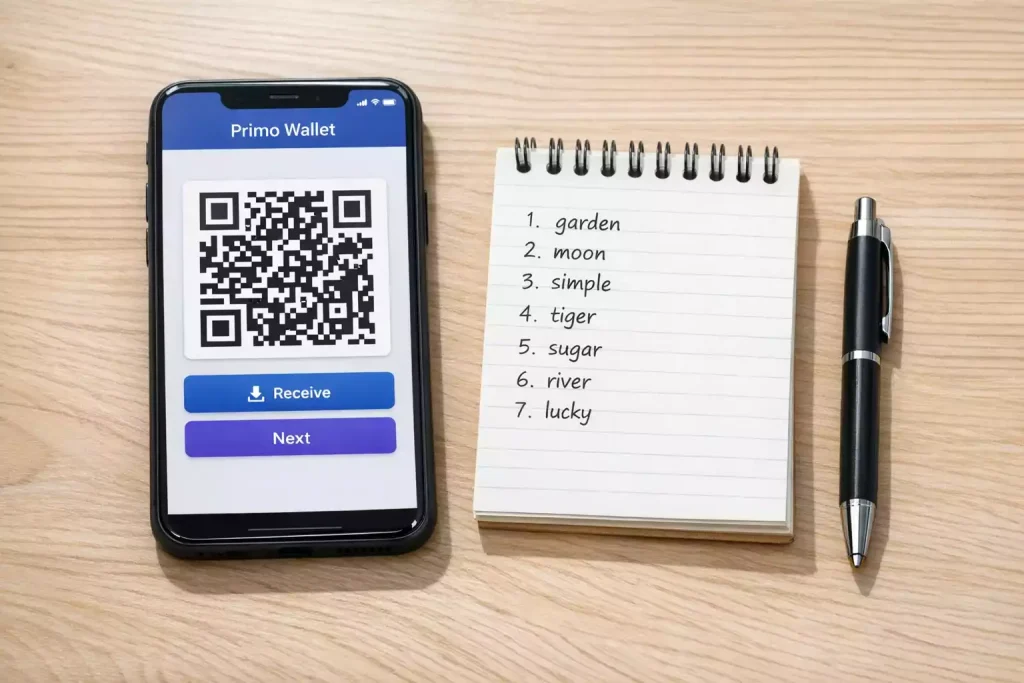 Smartphone con app wallet crypto aperta accanto a foglio con seed phrase scritta a mano