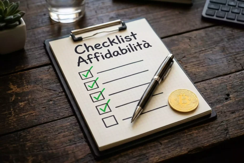Blocco note con checklist di criteri di valutazione e penna su scrivania con Bitcoin
