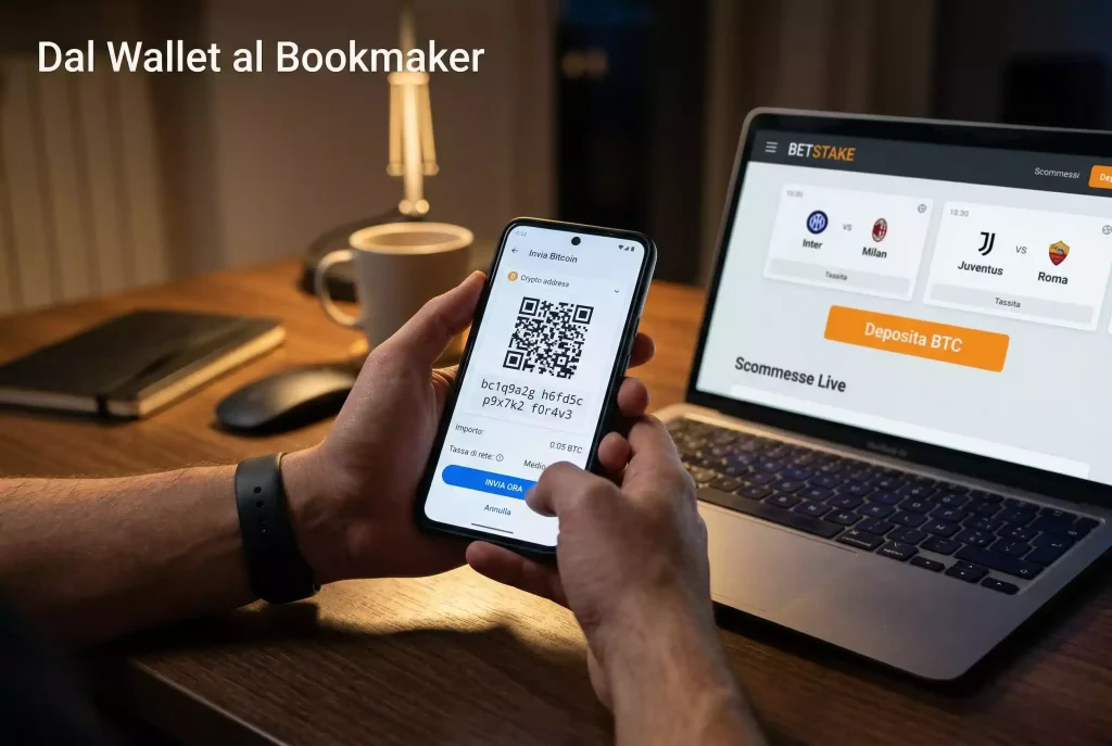 Deposito Bitcoin su sito scommesse: smartphone con wallet aperto e indirizzo di trasferimento