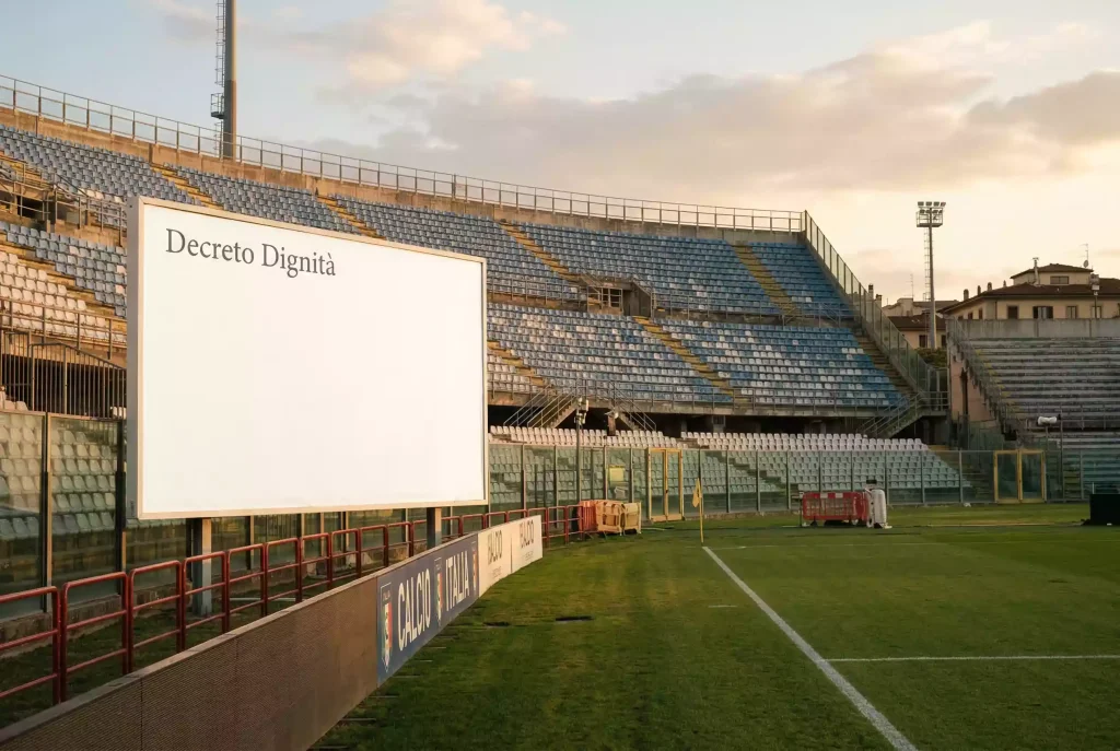 Cartellone pubblicitario vuoto nello stadio italiano simboleggiando il divieto di pubblicità gambling