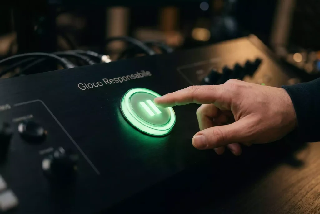 Mano che preme pulsante di pausa verde su interfaccia scura, simboleggiando autoesclusione