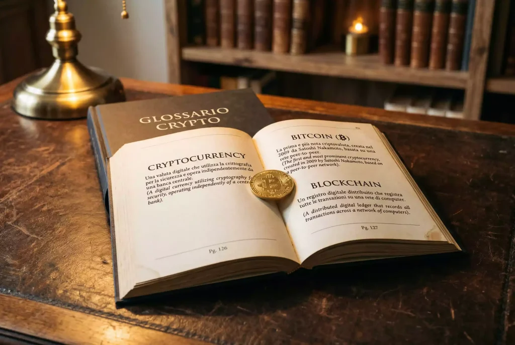Libro aperto con terminologia crypto e Bitcoin su sfondo di libreria scura