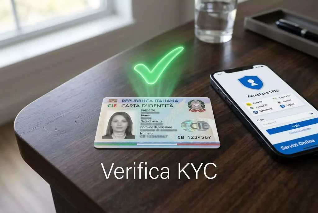 Documento di identità italiano con simbolo di verifica verde e icona SPID