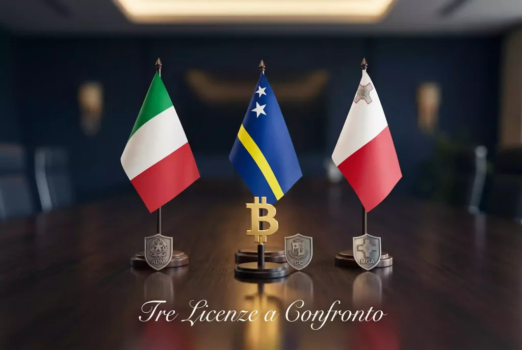 Tre bandiere rappresentanti le giurisdizioni ADM Italia, Curaçao e MGA Malta con simbolo Bitcoin