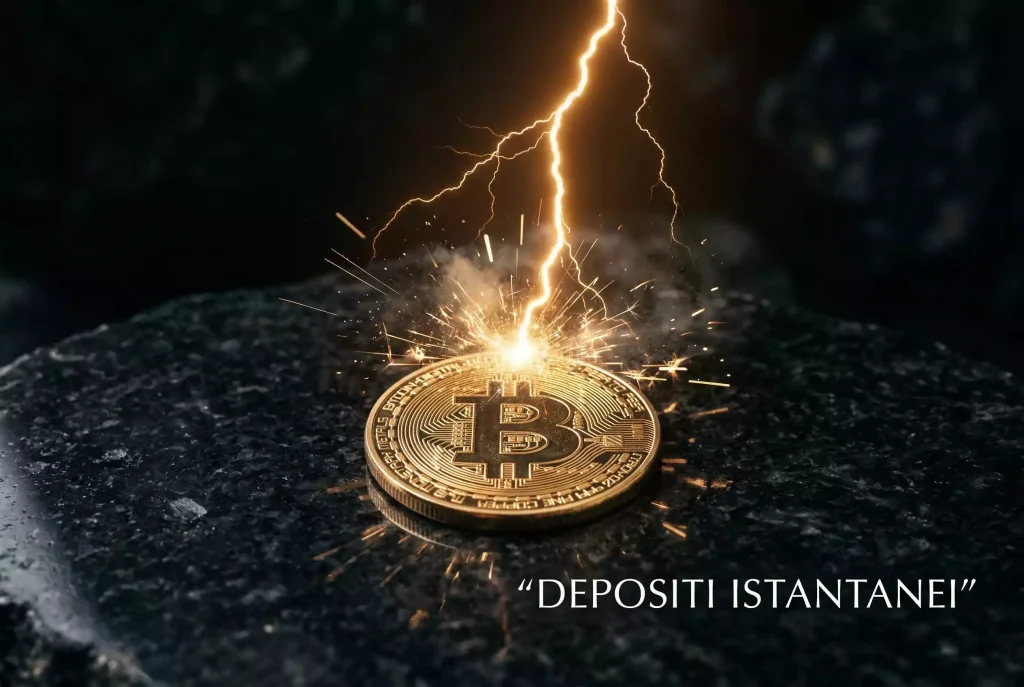 Fulmine dorato che attraversa una moneta Bitcoin simboleggiando pagamenti istantanei