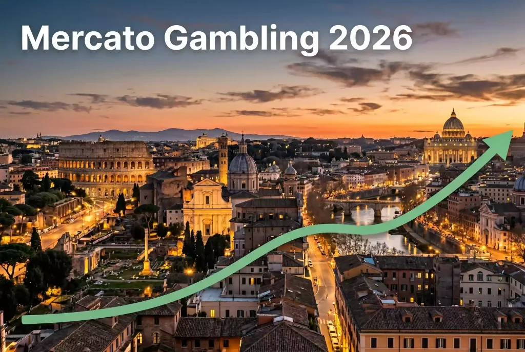 Skyline di Roma con grafico di crescita verde sovrapposto, simboleggiando il mercato gambling