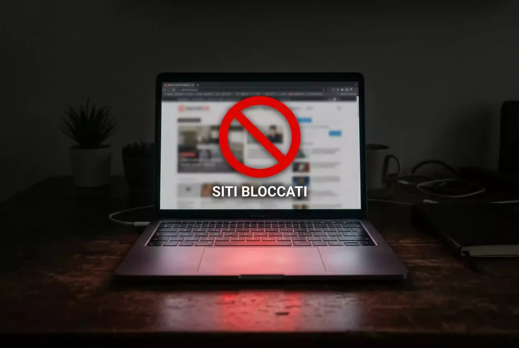 Schermo di computer con sito web bloccato da segnale di divieto rosso ADM