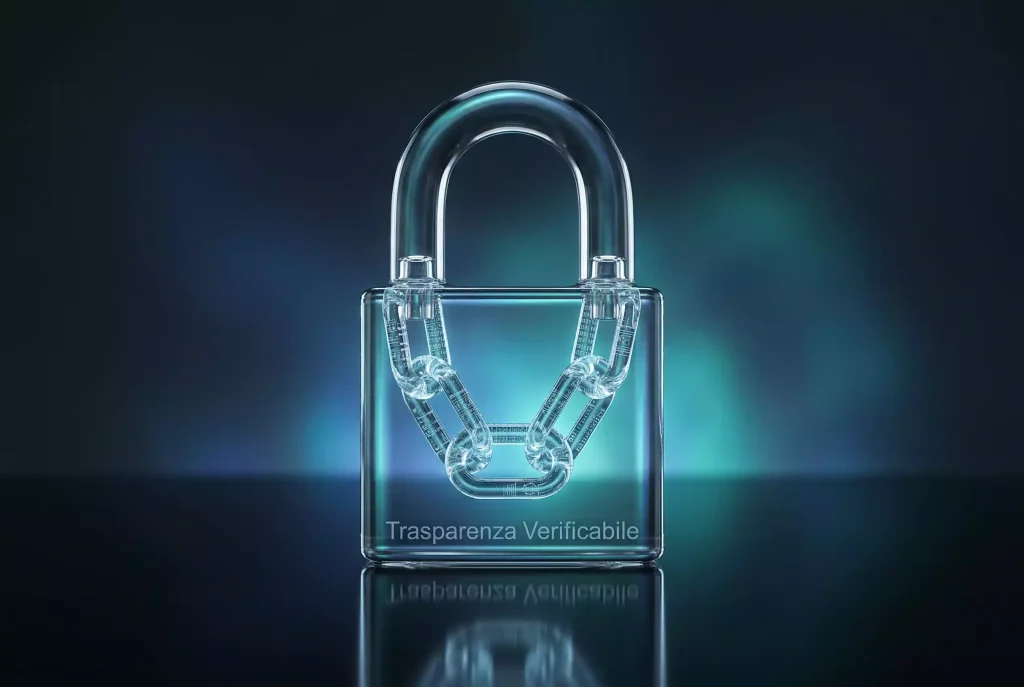 Lucchetto trasparente con catena blockchain illuminata in luce azzurra