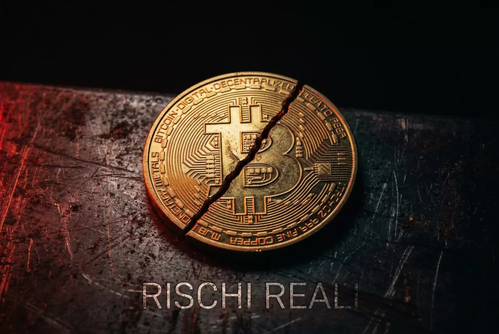 Moneta Bitcoin incrinata su superficie scura con luce rossa di avvertimento