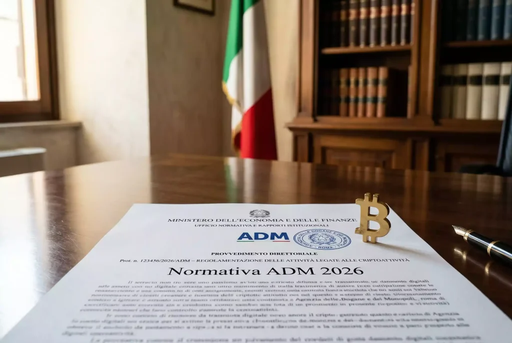 Documento legale con licenza ADM e simbolo Bitcoin su una scrivania italiana