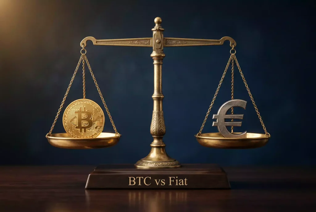 Bilancia che confronta una moneta Bitcoin con il simbolo dell