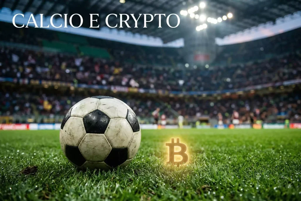 Pallone da calcio su campo in erba con simbolo Bitcoin dorato sullo sfondo