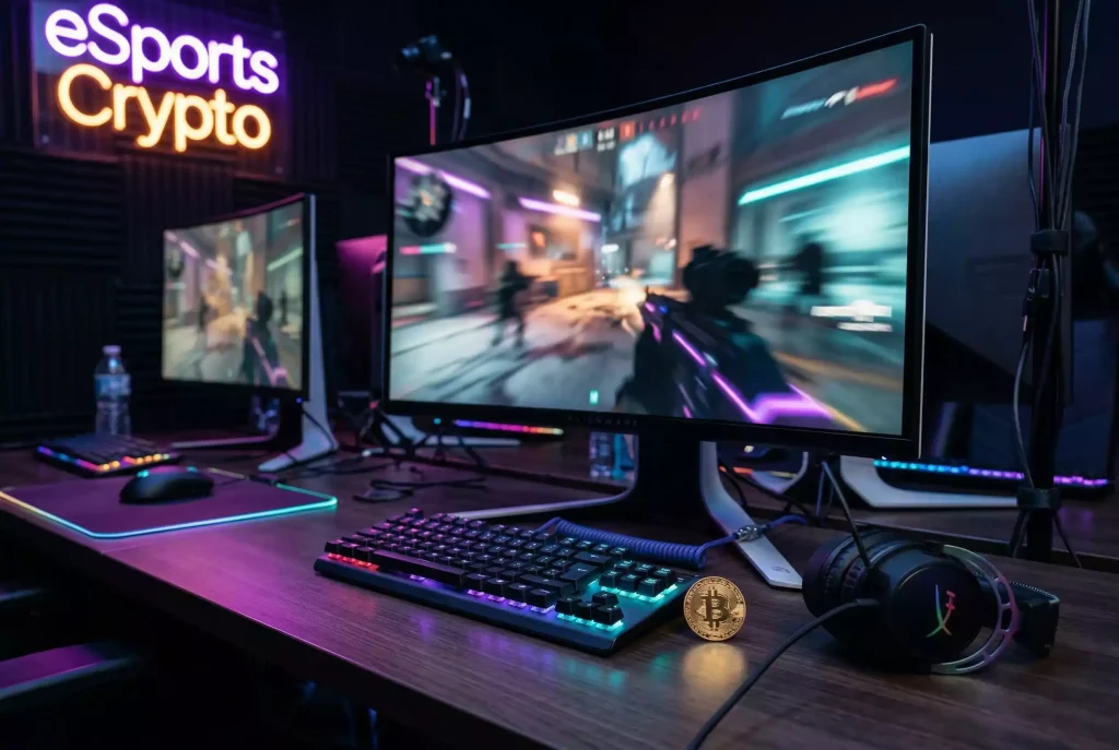 Postazione gaming professionale con monitor che mostra torneo eSports e moneta Bitcoin