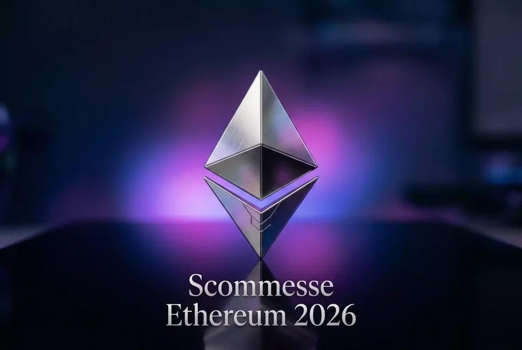 Simbolo Ethereum luminoso su sfondo tecnologico scuro con riflessi viola