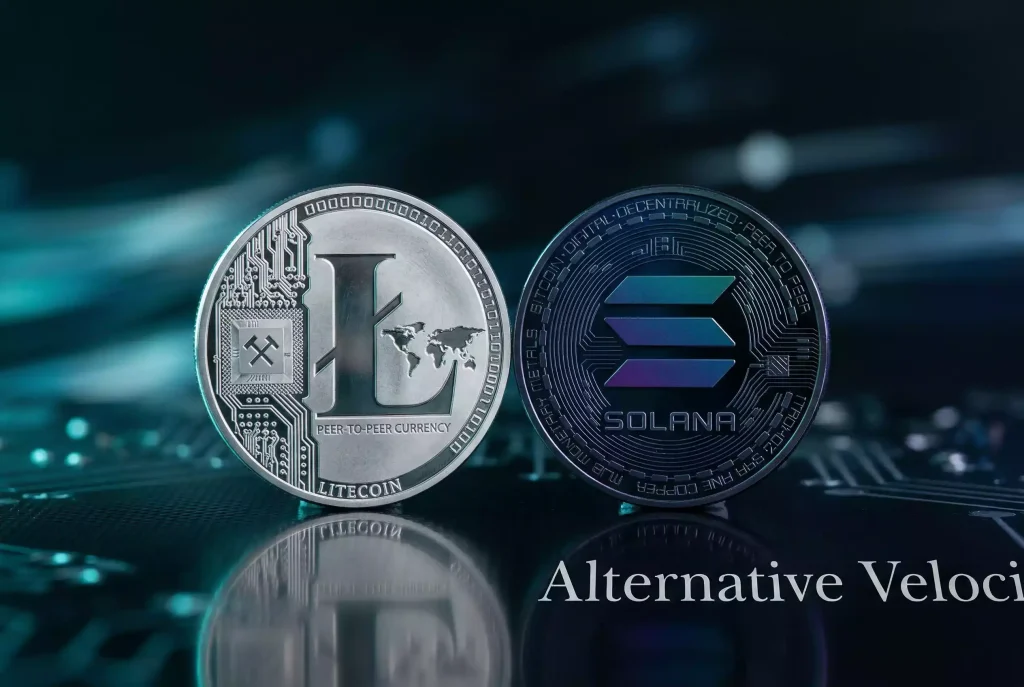 Monete Litecoin e Solana su pista da corsa a simboleggiare velocità delle transazioni