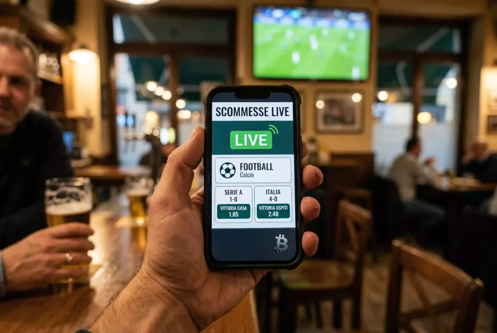 Smartphone con scommessa live in corso su partita di calcio e simbolo Bitcoin