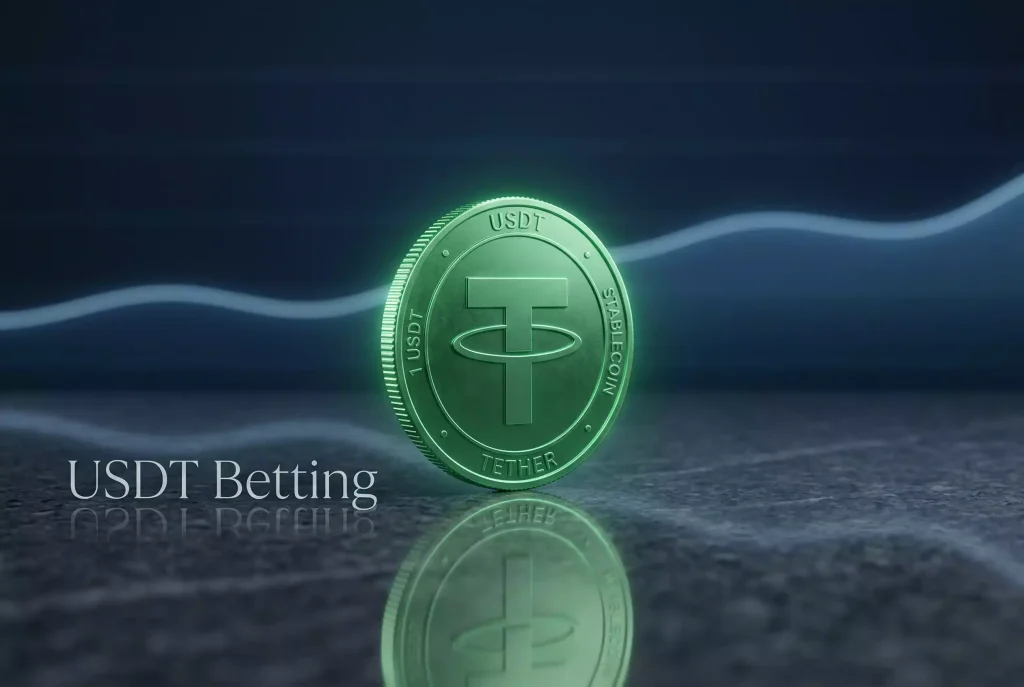 Moneta USDT Tether verde su superficie stabile con sfondo finanziario scuro