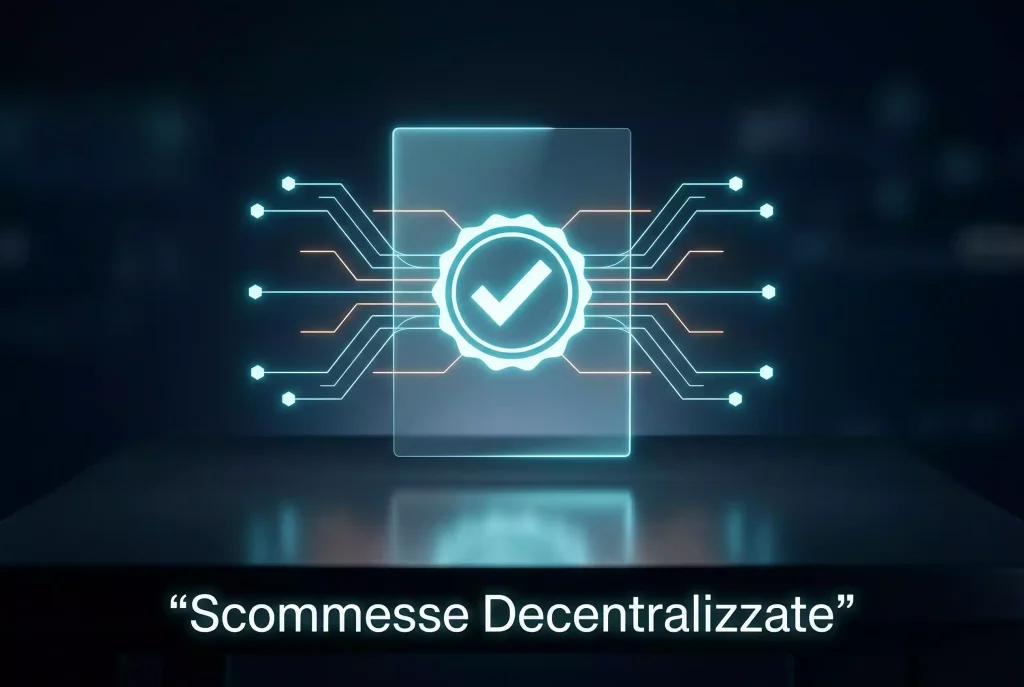 Contratto digitale luminoso con nodi di rete collegati su sfondo scuro
