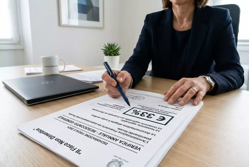 Guida fiscale Bitcoin scommesse Italia: commercialista che esamina documenti fiscali con simbolo euro e segno percentuale