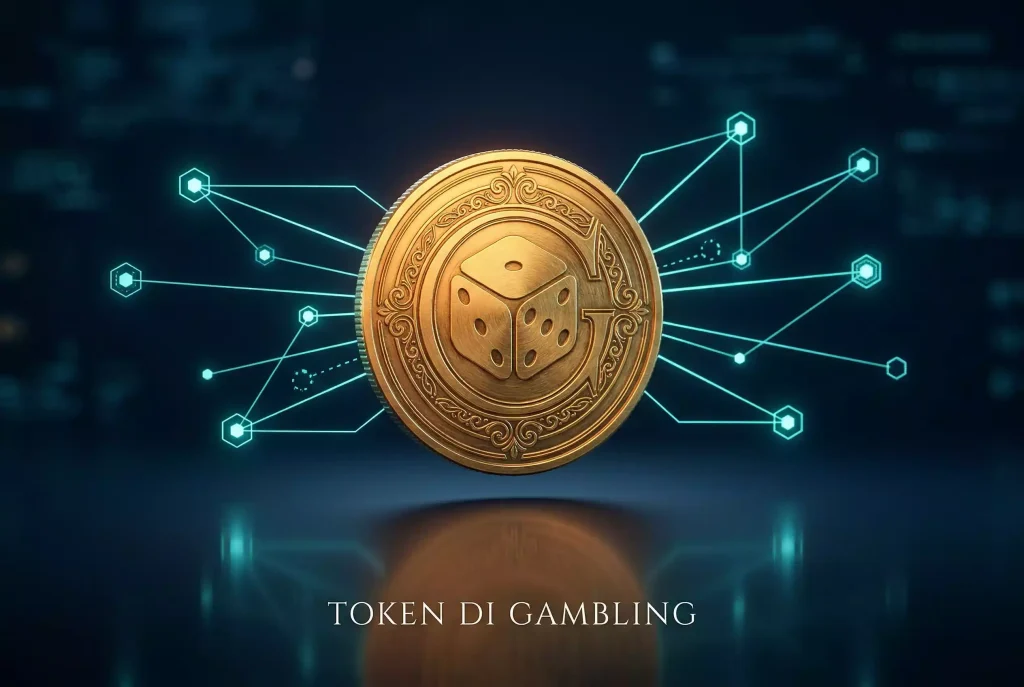 Gettone digitale luminoso con simbolo di scommessa su sfondo rete blockchain