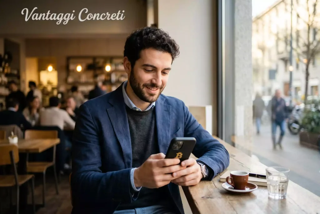 Uomo soddisfatto guarda lo smartphone con conferma di transazione Bitcoin veloce