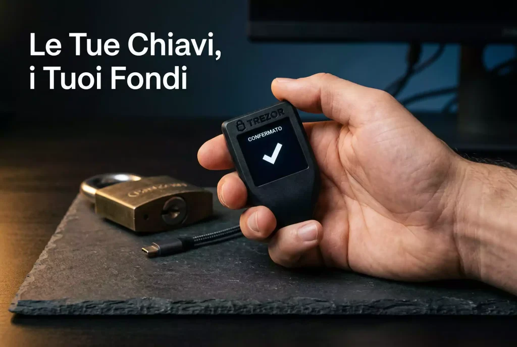 Wallet sicuro per scommesse Bitcoin: mano che tiene un hardware wallet con lucchetto chiuso sullo sfondo
